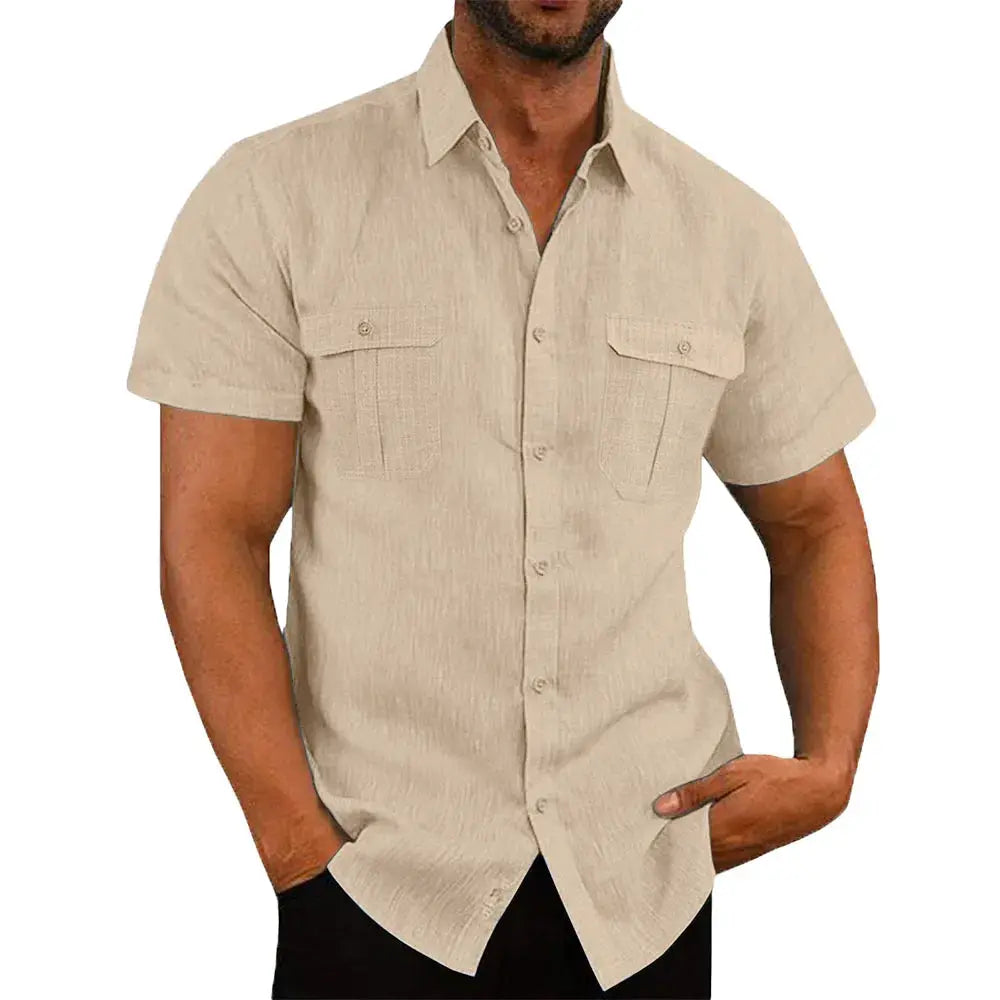 Men's beige cotton-linen shirt with dual chest pockets for casual wear