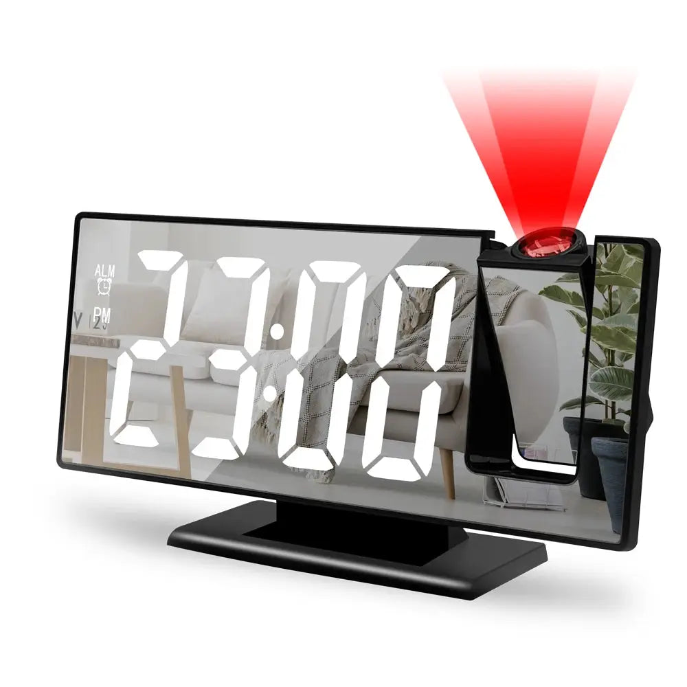 USB powered black alarm clock with 180° projection arm, red projection beam, and large white LED digits.