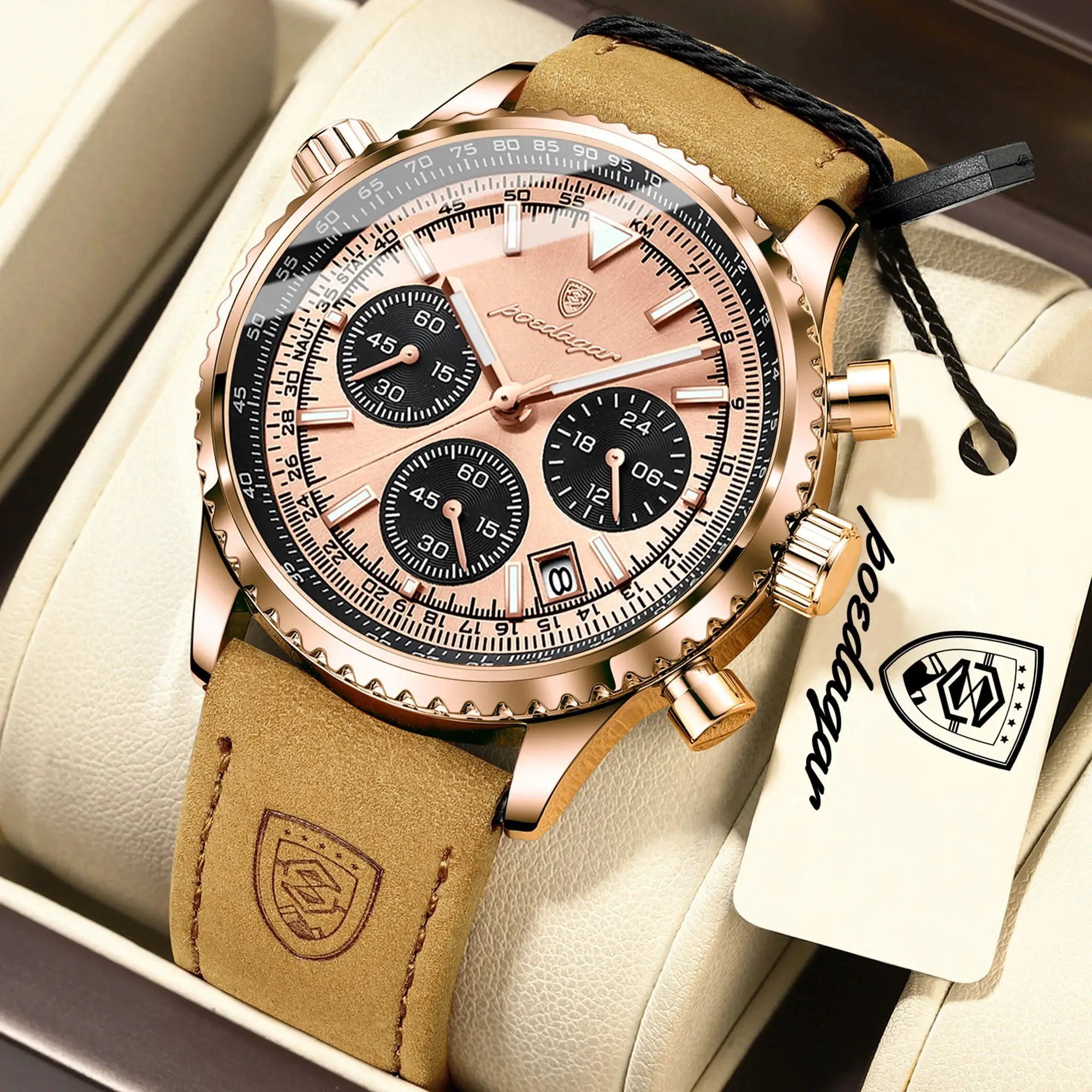 POEDAGAR men's rose gold leather-strap chronograph wristwatch.