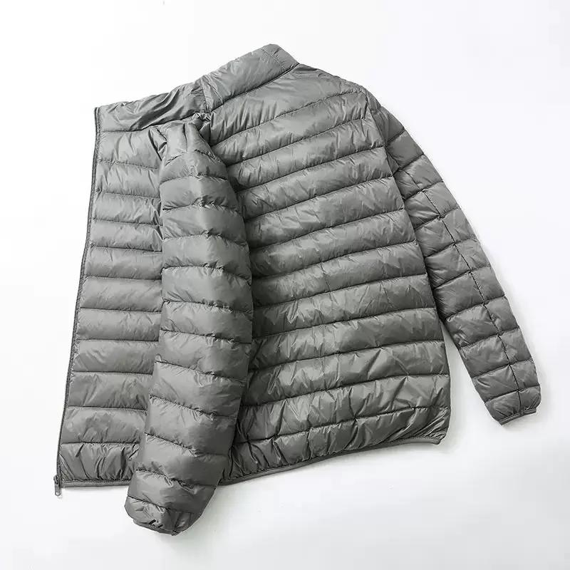 Men's gray quilted down jacket with horizontal baffles, lightweight puffer coat