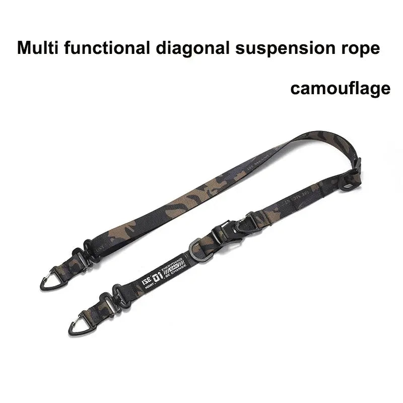 Two camouflage crossbody backpack straps by Simples Market; adjustable length with metal hooks.