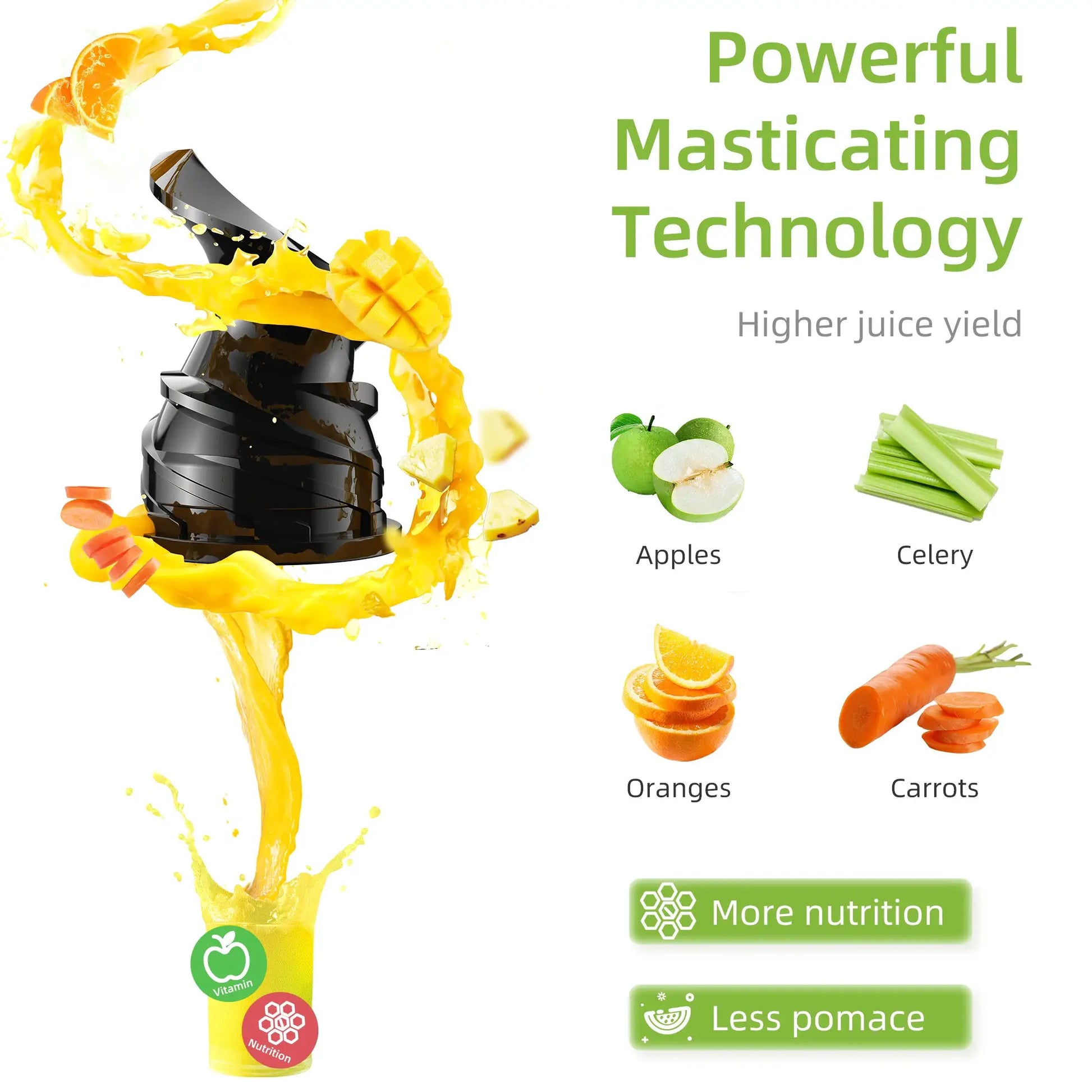 BioloMix cold press juicer, black with yellow juice splash