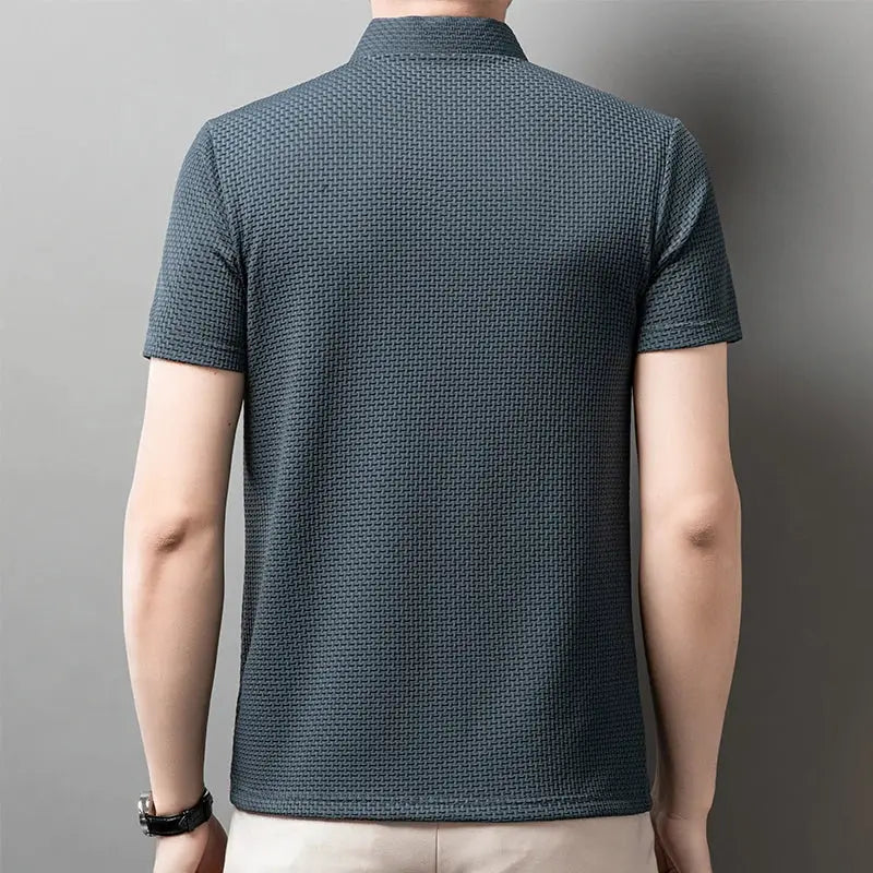 Men's business casual short-sleeve polo shirt in steel blue, textured knit