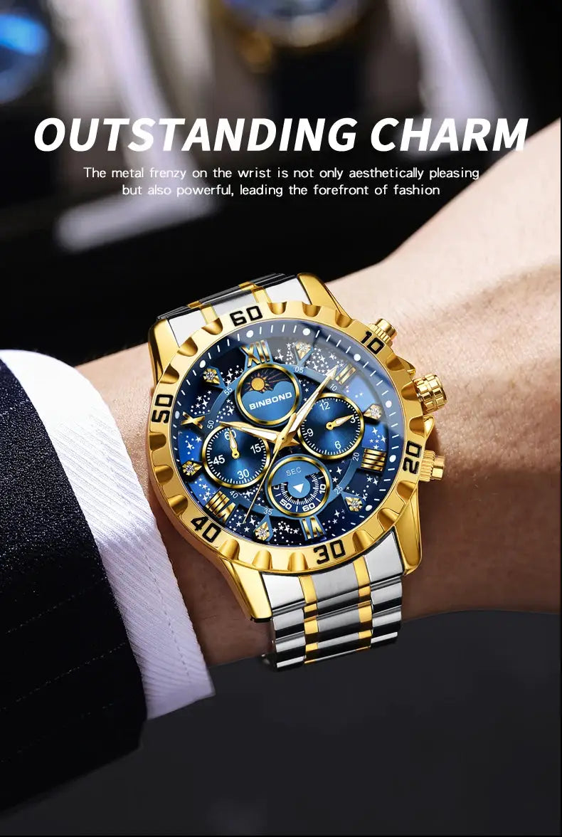 BINBOND two-tone gold and silver stainless steel men's quartz chronograph watch with blue dial