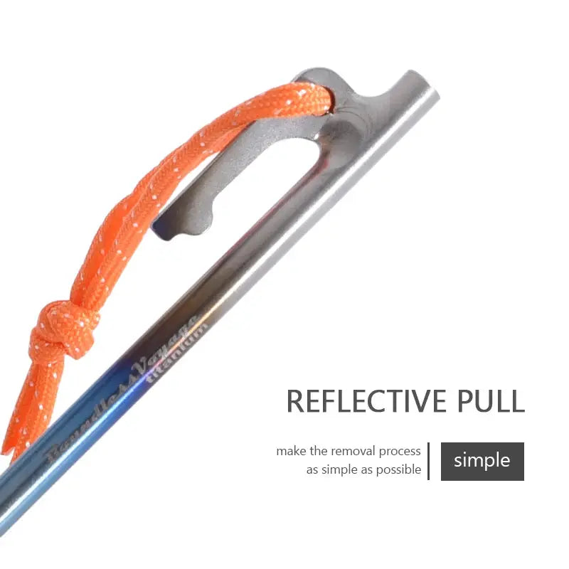 Boundless Voyage heavy-duty titanium alloy tent stake with orange cord and pull loop