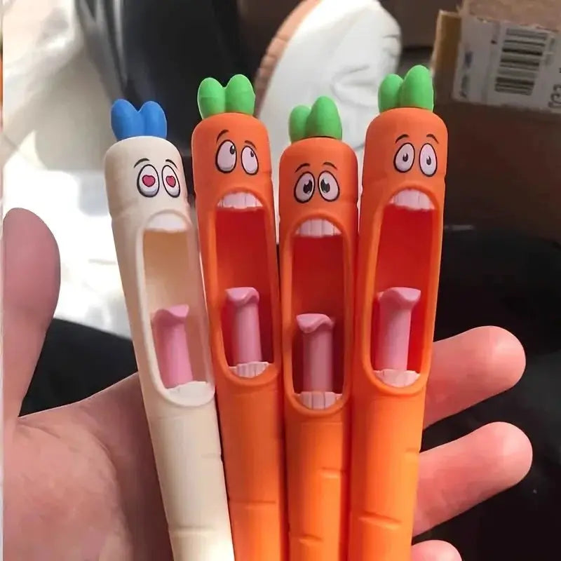 Simples Market 4pc radish-shaped gel pen set with expressive faces, orange and white bodies, green leafy tops, black ink.