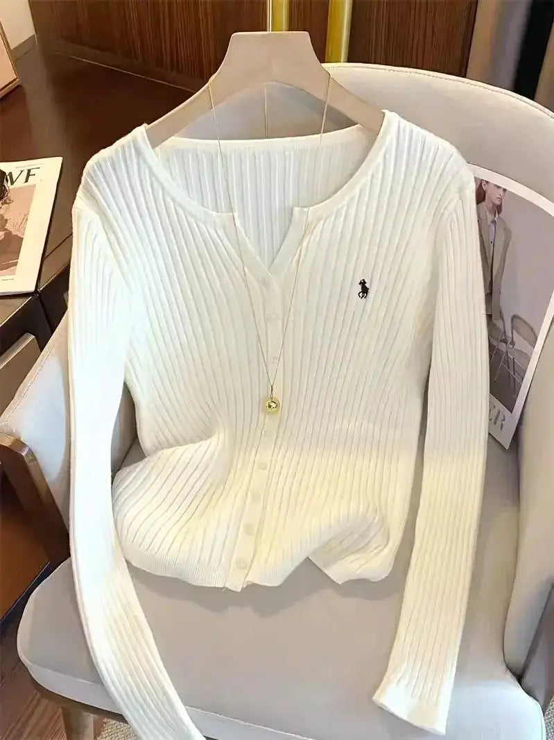 NovaTrend Y2K Embroidered Solid Knitted Top Long Sleeve Cardigan Sweater Slim Fit High Stretch For Autumn Streetwear