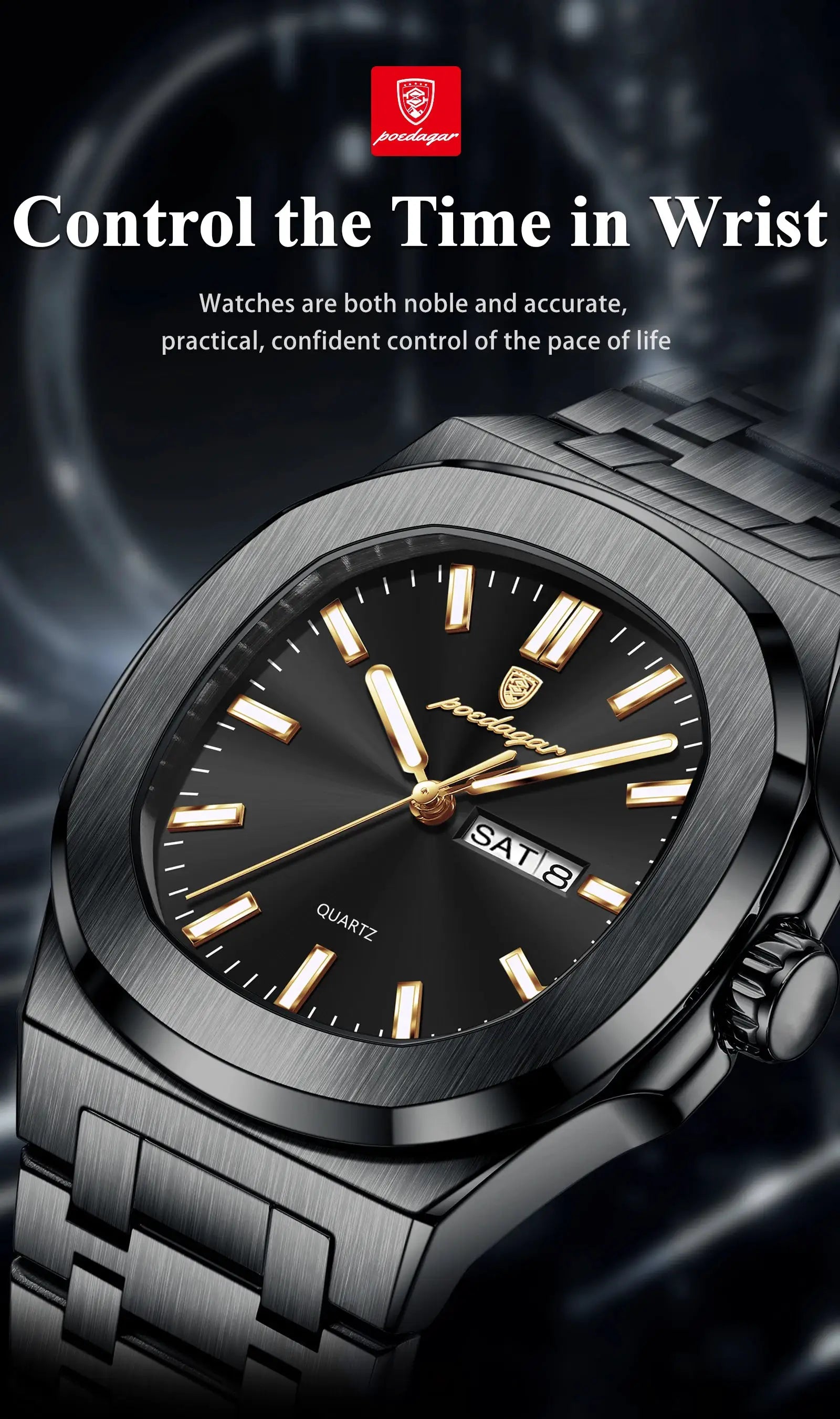 POEDAGAR luxury square men's watch; stainless steel bracelet, black dial with gold-tone hands, date and day display