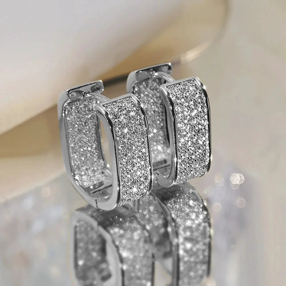 Huitan Korean Fashion Paved CZ Hoop Earrings for Women Silver or Gold Color Versatile Copper Alloy
