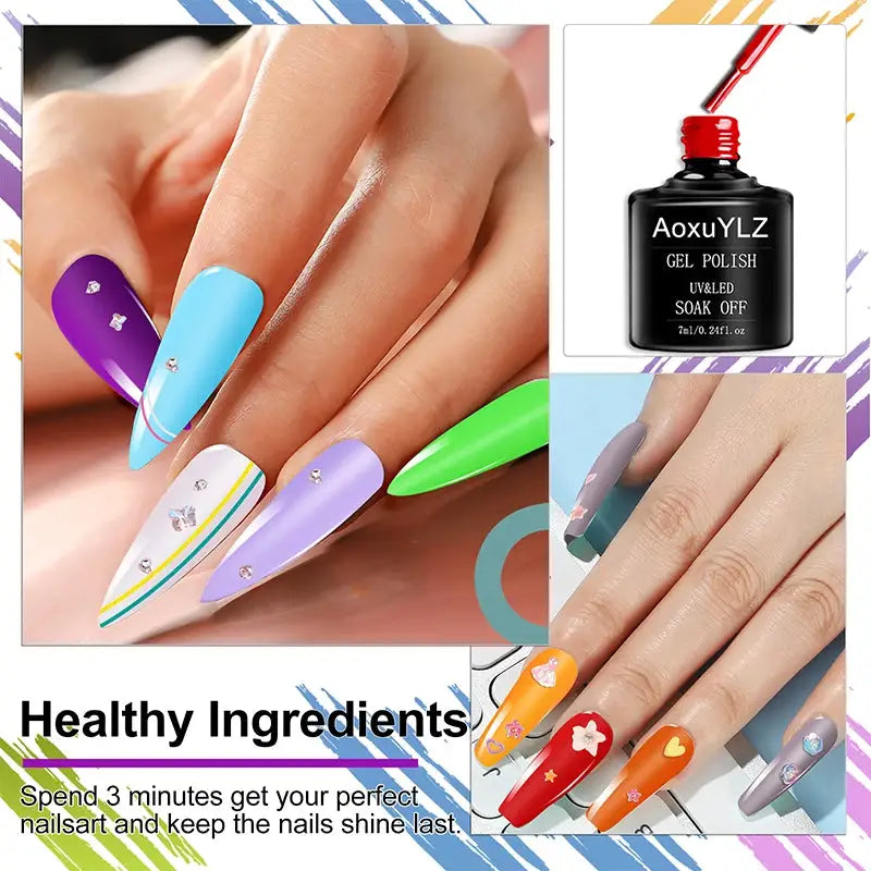 Gel nail polish set, 28-piece with colorful shades in glass bottles; soak-off UV gel varnish with rhinestone accents