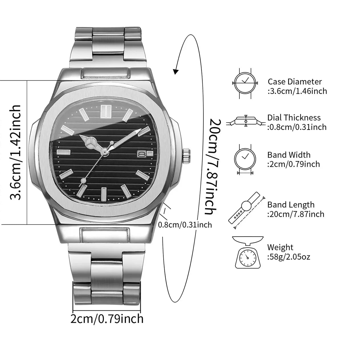 Men Fashion Wristwatches Business Square Dial Stainless Steel Strap Quartz Watch with Calendar For Mens Clock（Without Box）