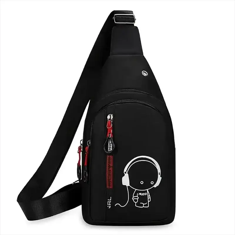 Black men's chest bag with crossbody strap; front zip pocket, red zipper pulls, white cartoon headphone design.