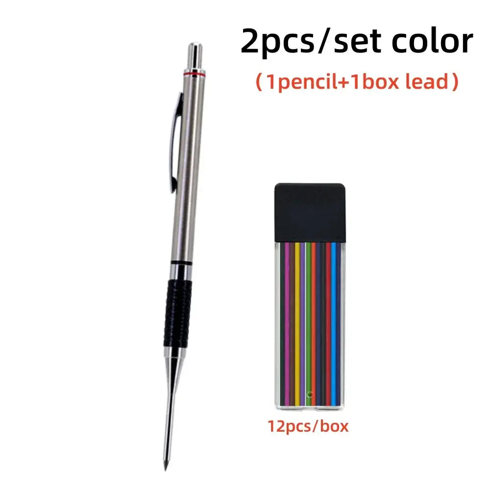 Metal mechanical pencil with anti-slip grip and clip, 2.0mm; includes color lead box with 12 leads