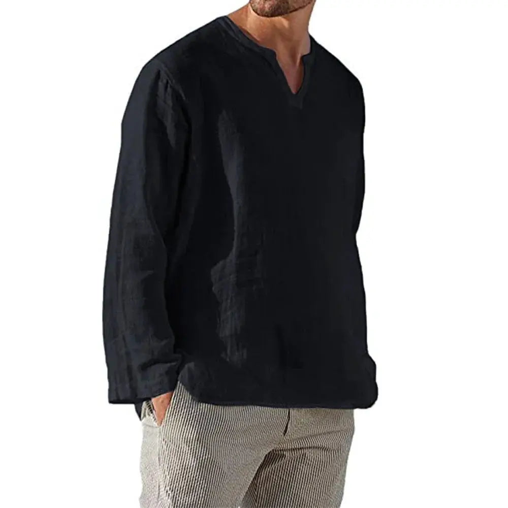 Men's Cotton Linen Shirt Cozy Solid Color Long Sleeve Breathable Tops V Neck Casual Blouse Hawaiian Shirt Lightweight Shirts