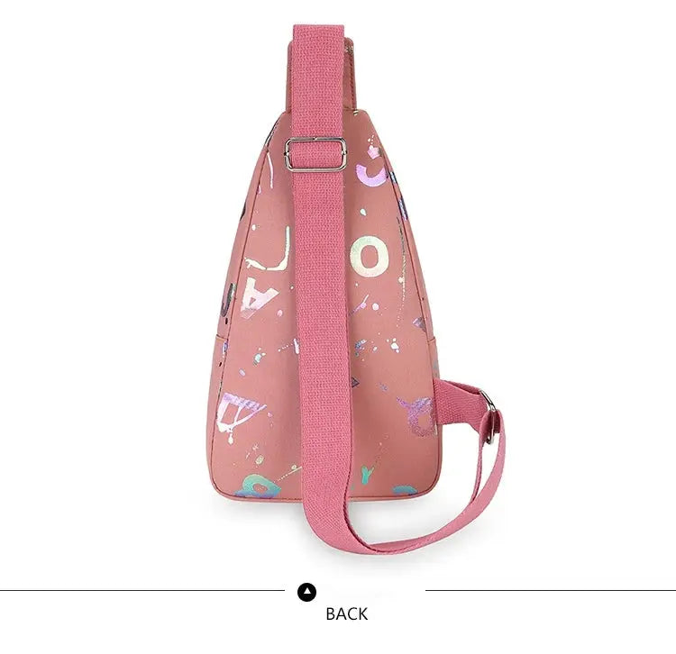 Pink chest bag crossbody sling backpack for women with adjustable strap and colorful abstract print.