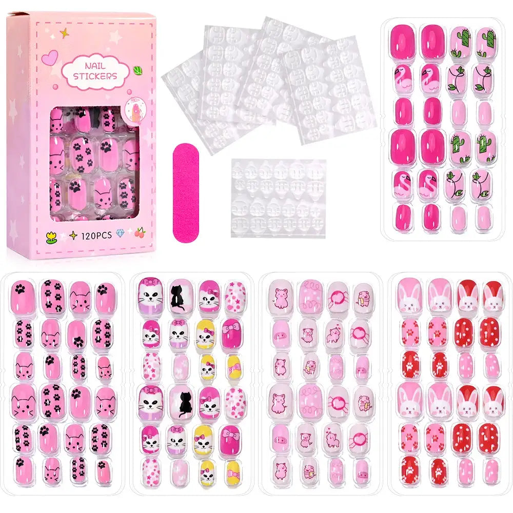 KawaiiKidz Kids Cartoon Press On Nails Acrylic Full Cover Short False Nails Safe Easy To Apply Jelly Glue 120Pcs