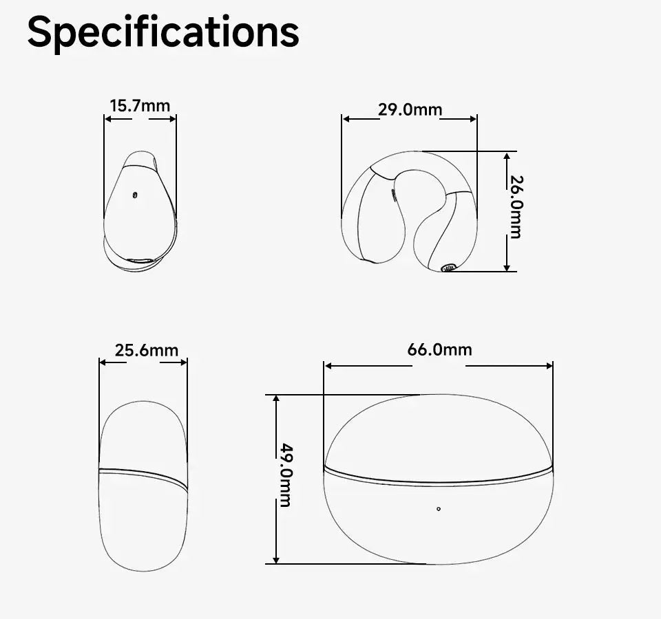 QCY Crossky C30 ear clip wireless earbuds with open-ear design; dimensions shown for buds and charging case