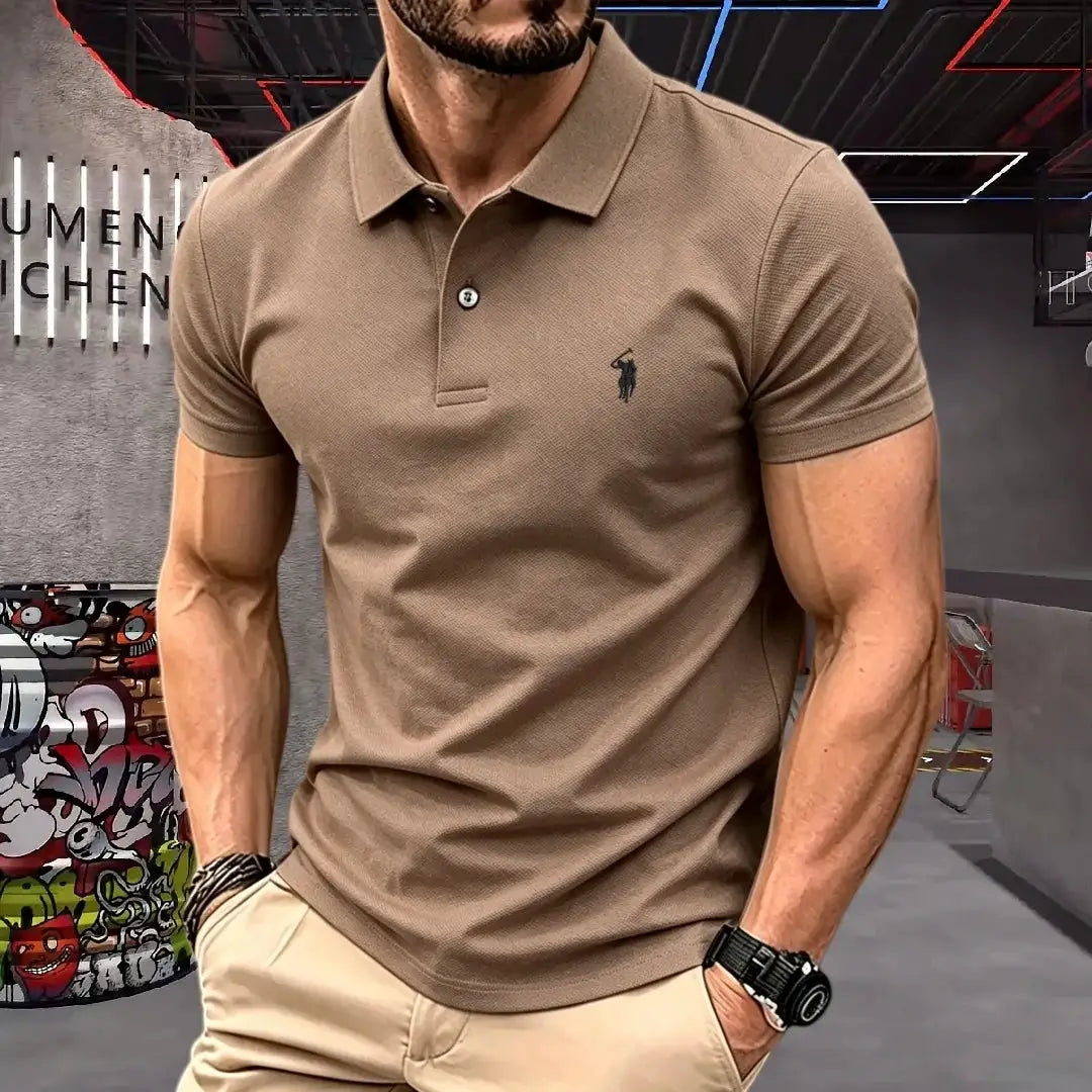 Men's polo shirt in brown cotton with pony embroidery, short sleeves.