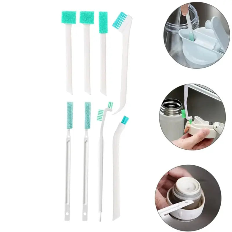 9-piece household cleaning brush set with white handles and turquoise bristles for bottles, windows, and crevices
