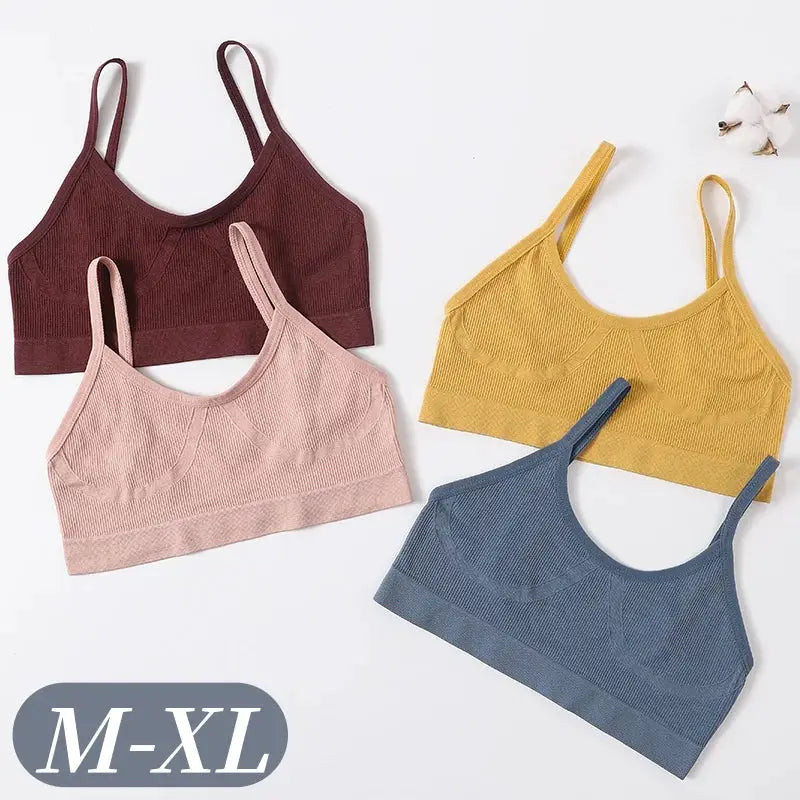 Simples Market seamless ribbed U-back bralette 4-pack, wireless no-pads in burgundy, pink, mustard, blue.