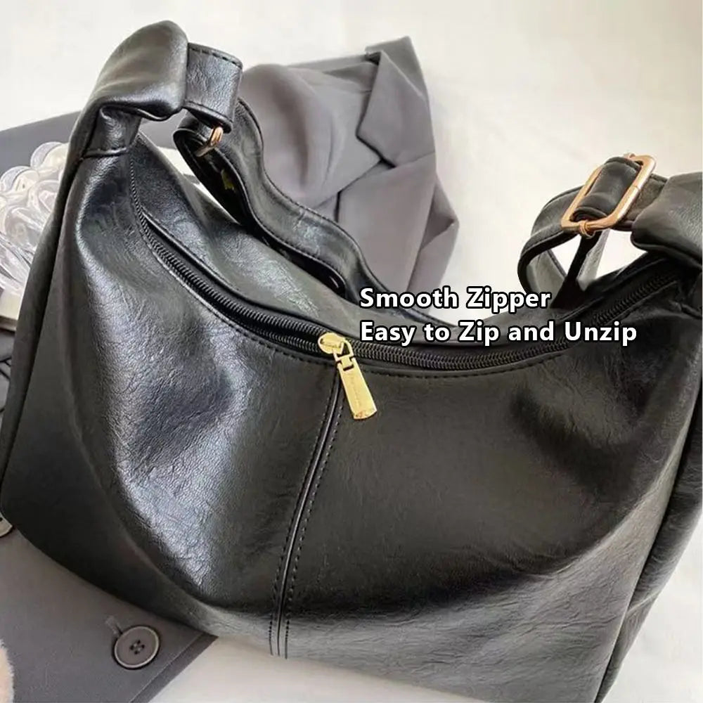 Trendy slouchy shoulder bag, black PU leather, large-capacity hobo tote