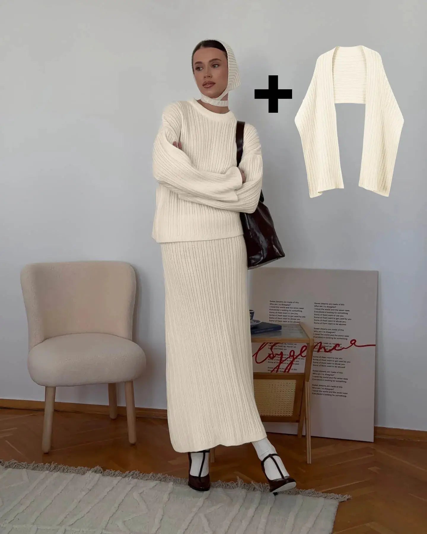 Hirsionsan Two Piece Set Women Polo Neck Cardigan And Midi Dress