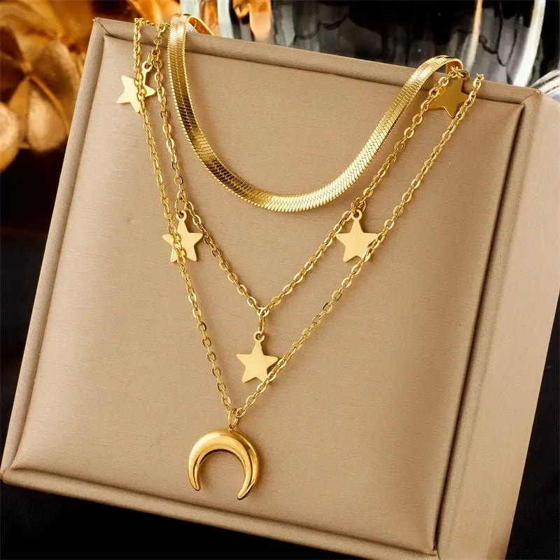 DIEYURO 316L Stainless Steel Butterfly Moon Lock Blue Eyes Pendant Necklace For Women Multilayer Choker Jewelry Gift - Simples Market