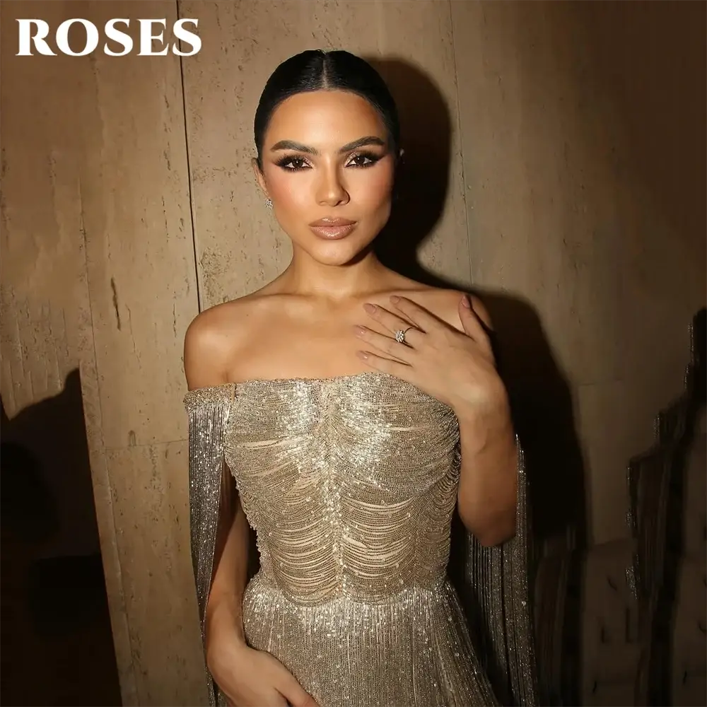 Roses Gold Luxury Evening Dress Off Shoulder Tassel Cape Gown Prom