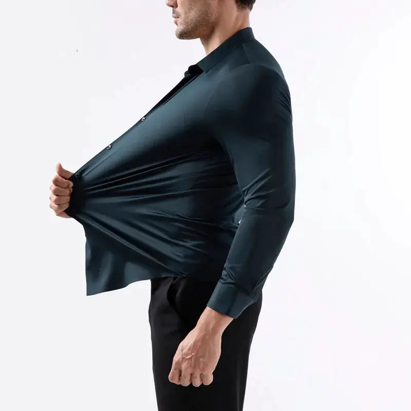Men's high-elastic seamless long-sleeve sport shirt in dark teal with stretch fabric