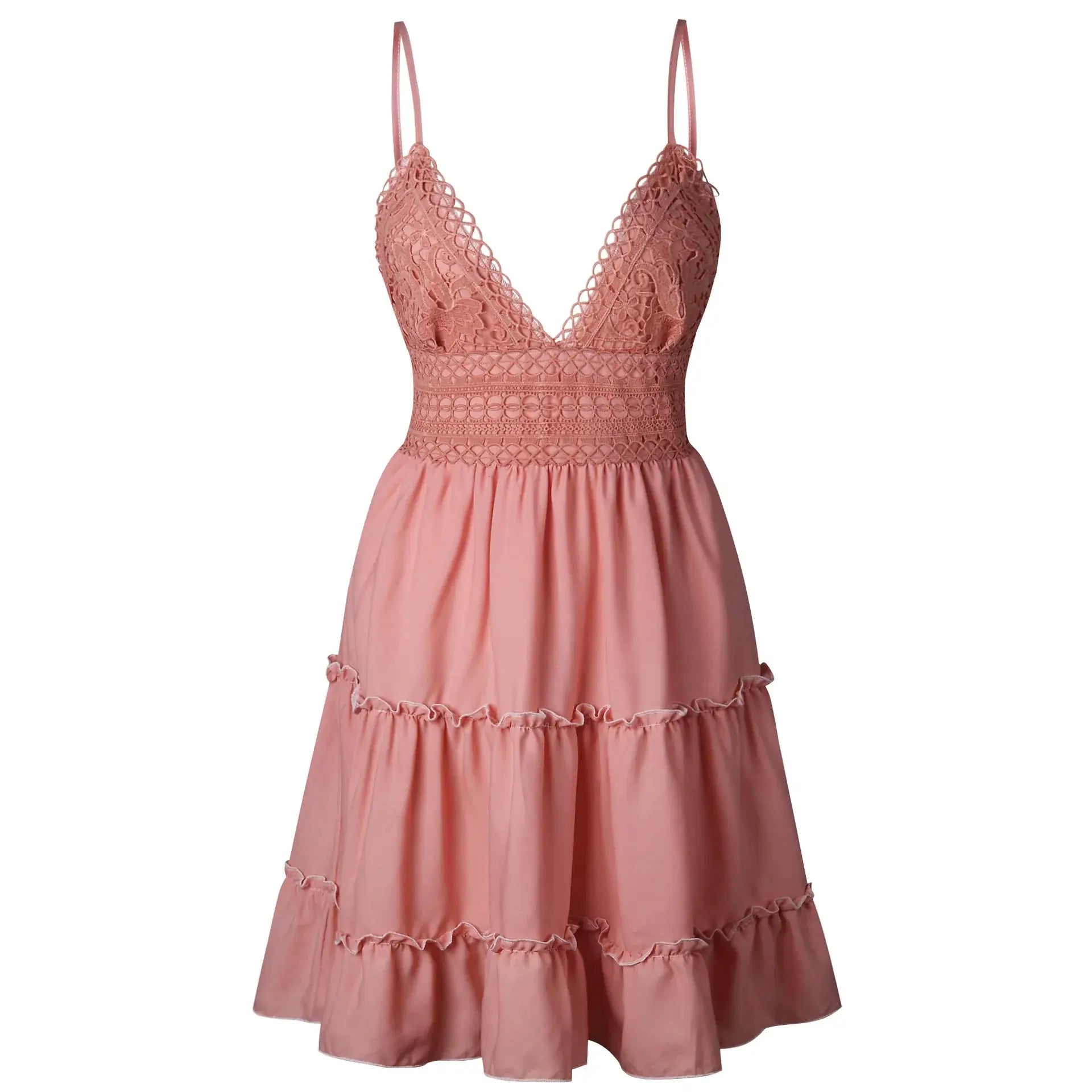 AzureWave Solid Color Lace Strap A Line Dress Lightweight Elegant Summer Seaside Vacation Wear