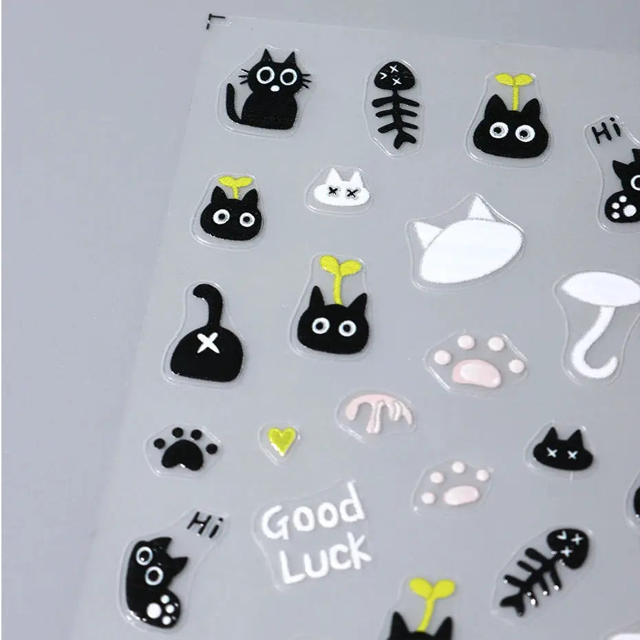 2pcs black cat nail stickers by Simples Market, 3D cartoon animal decals for manicure