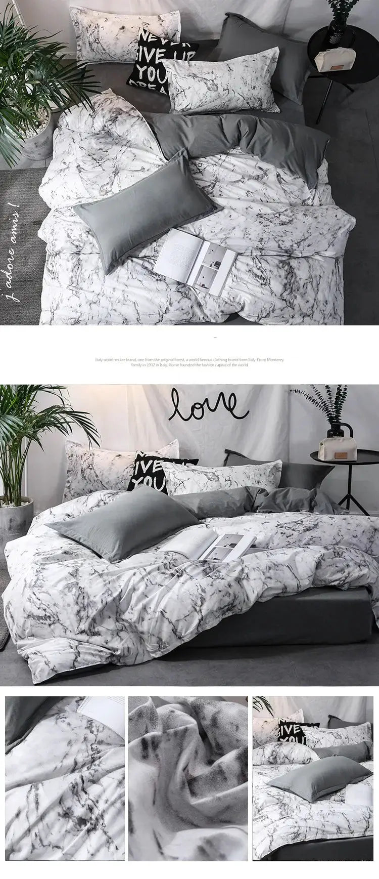 Duvet cover set, 3-piece with two gray pillowcases, marble white and gray pattern for queen or king beds