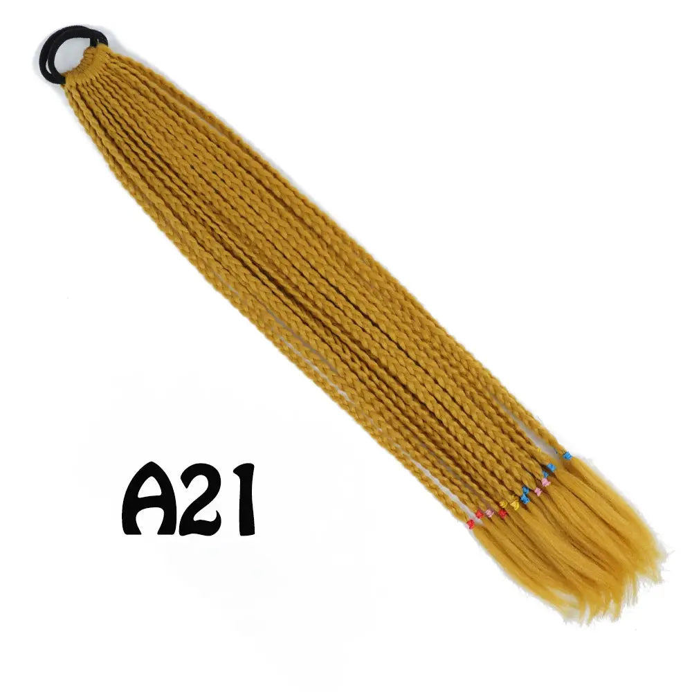Synthetic gradient braided ponytail extension with elastic band, 24in, yellow gold with multicolor beads