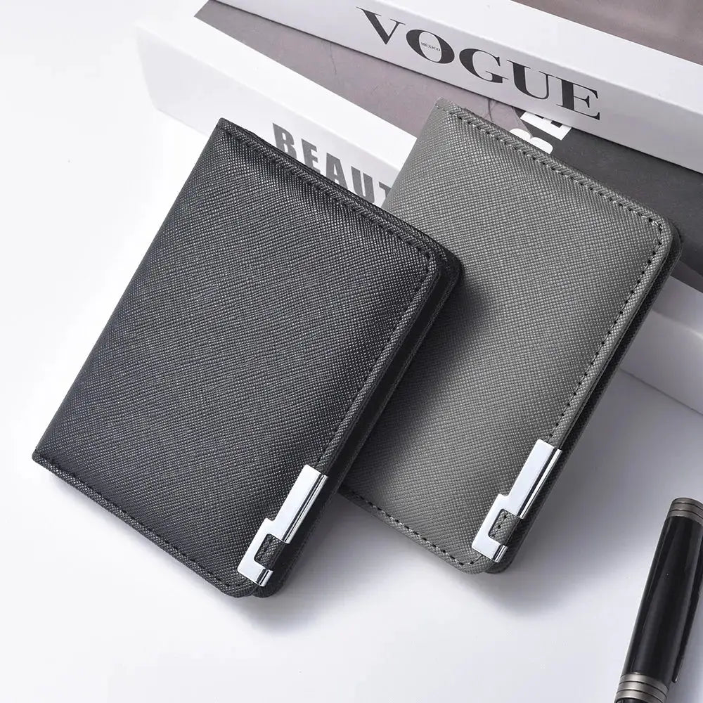Wallets: 2 black and gray faux-leather slim business-style wallets with silver hardware.
