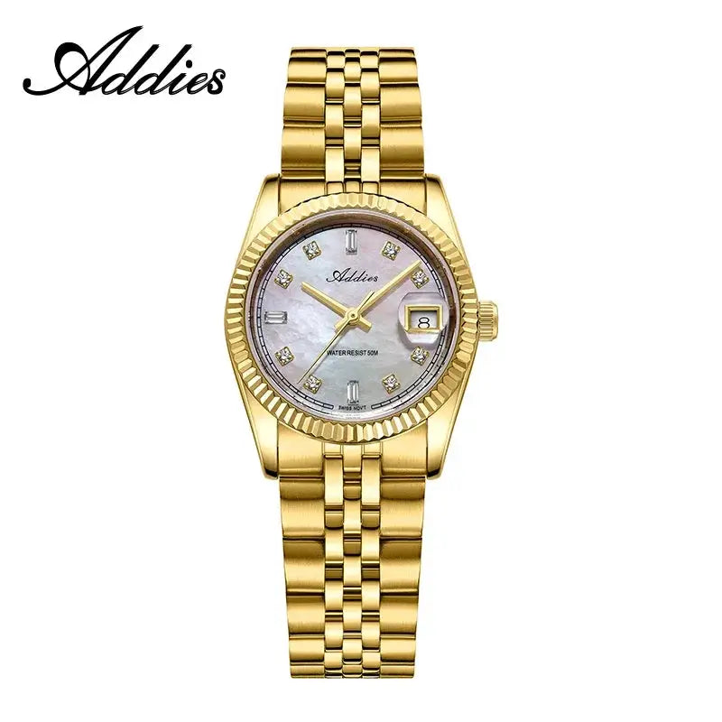 Addies gold-tone women's wristwatch with 28mm case, diamond markers, date window, mother-of-pearl dial