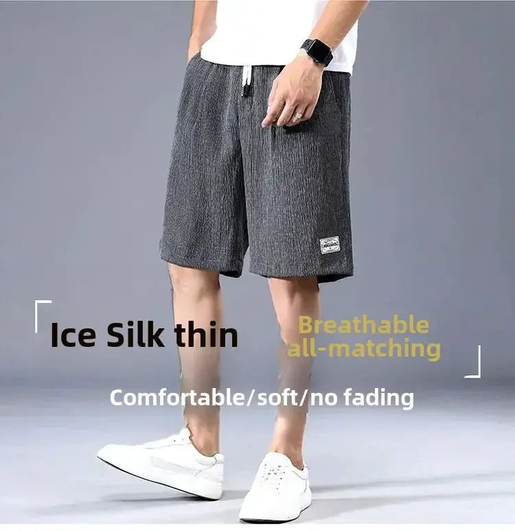 Men's ice silk casual shorts, charcoal grey, knee-length, breathable loose-fit with drawstring waist, Simples Market.