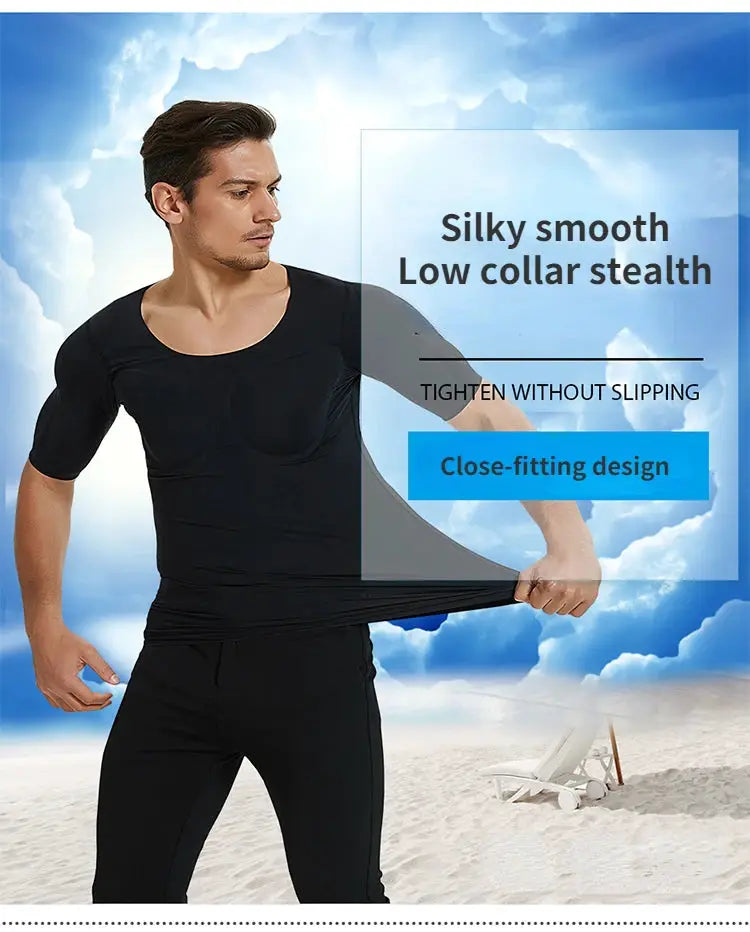 3D fake muscle T-shirt by Simples Market, black close-fitting cosplay undershirt with abdominal pad
