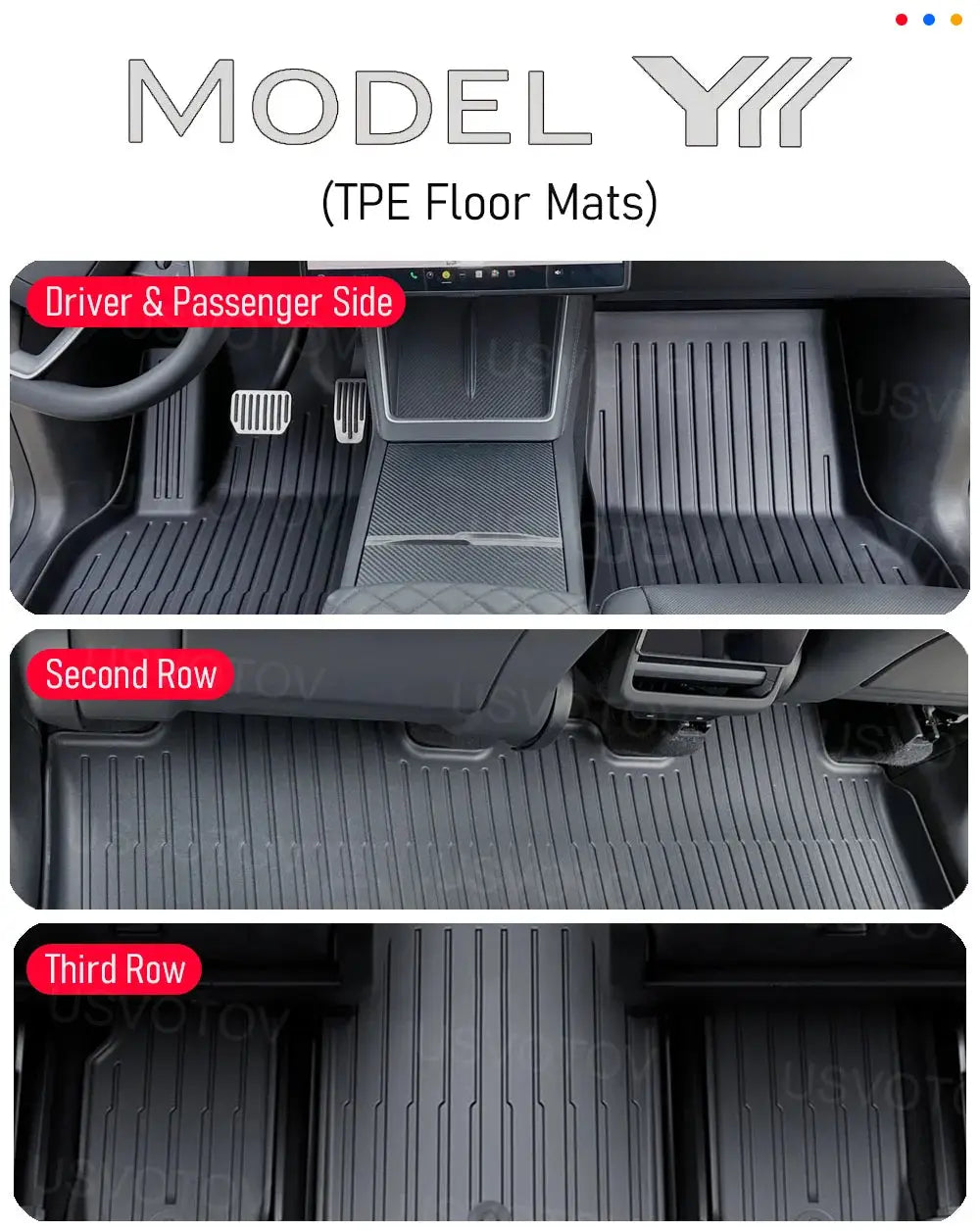 Simples Market USVOTOV all-weather rubber floor mats for 2026 Tesla Model Y (6 seats); front, 2nd and 3rd rows