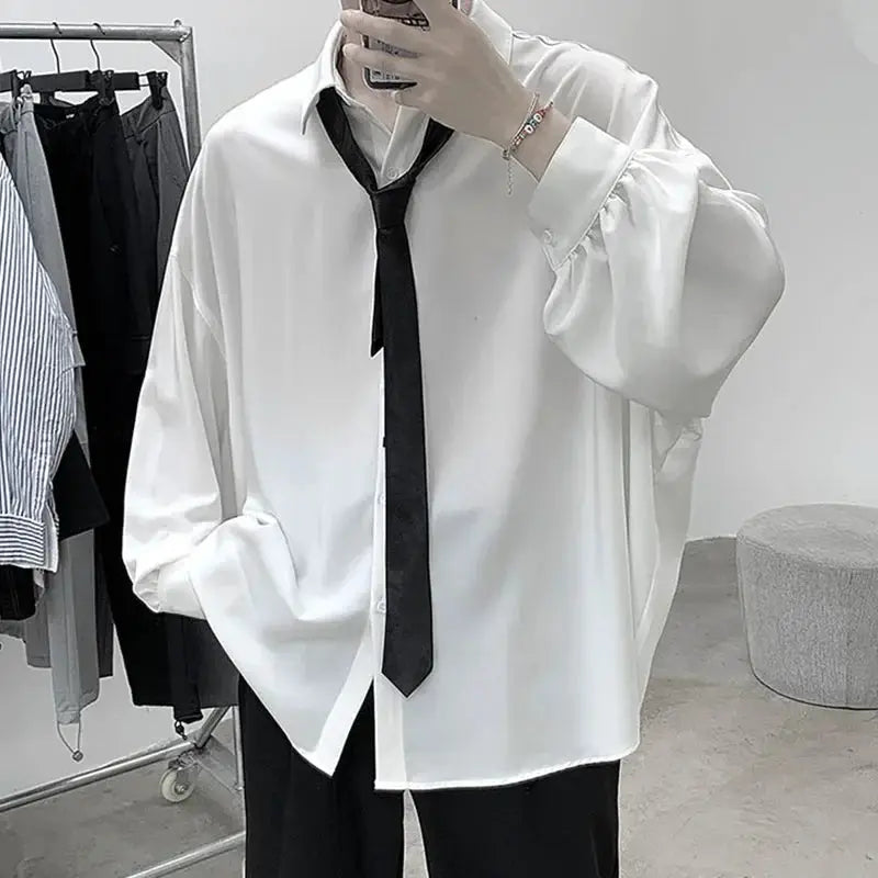 Men's white oversized shirt with black tie, Simples Market, Korean Harajuku casual style