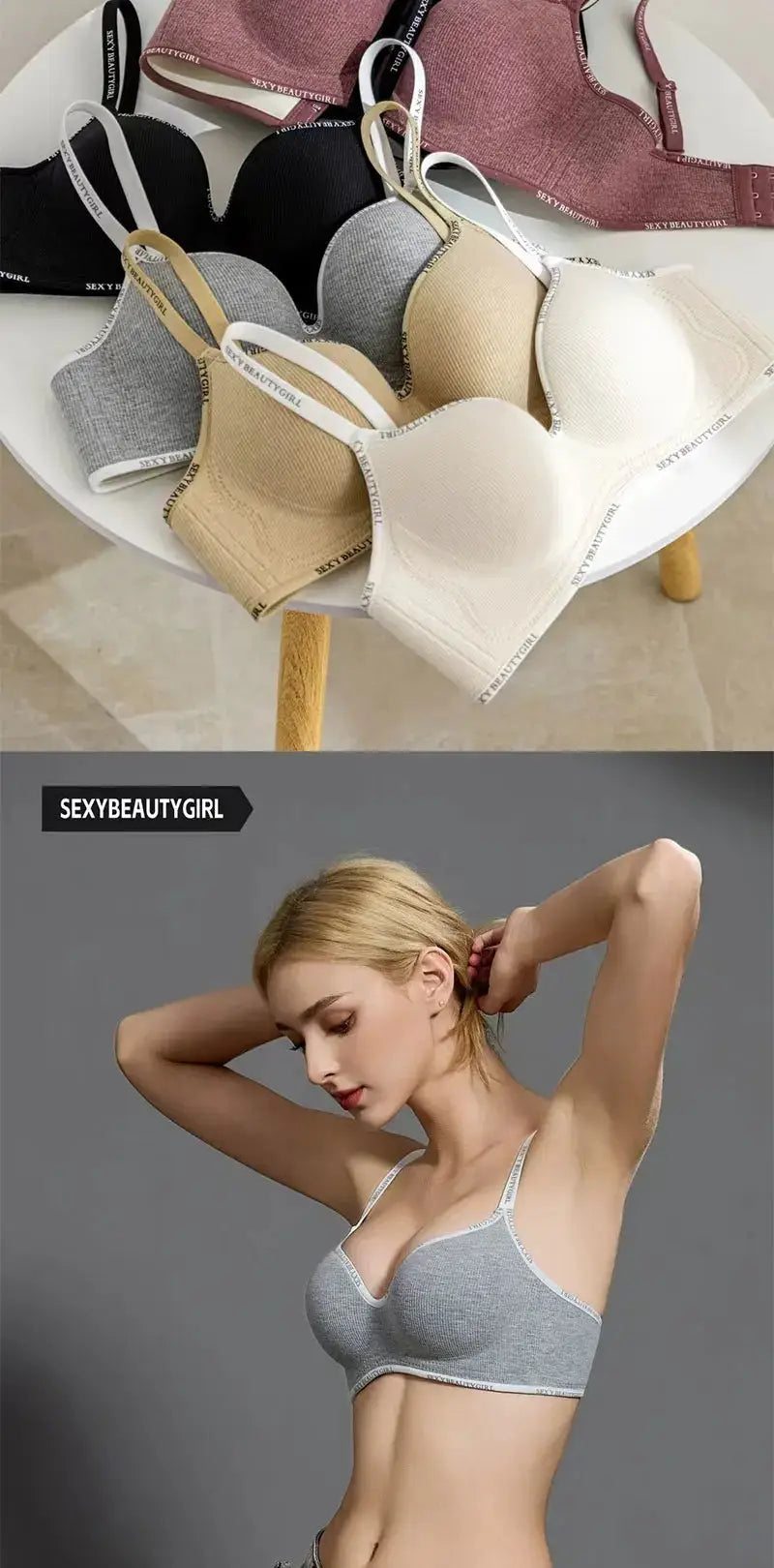 FINETOO women seamless push-up bra in black, gray, beige and white with SexyBeautyGirl branded straps; model wearing gray bra
