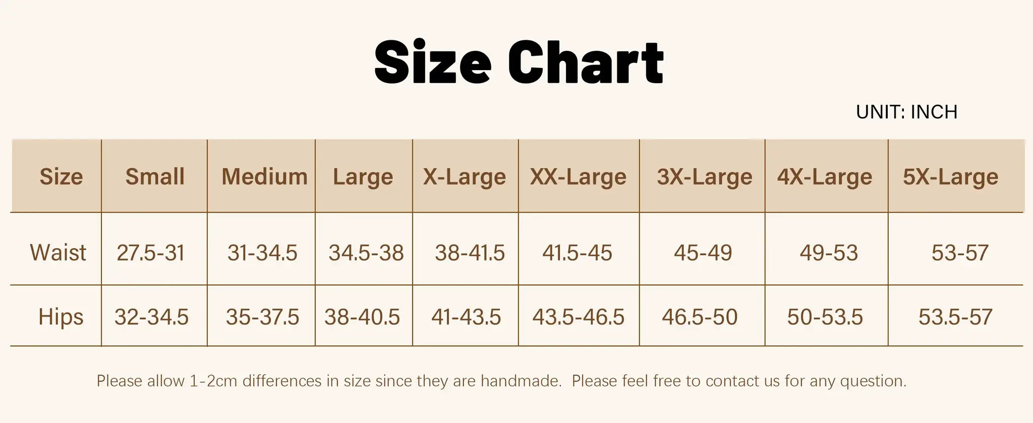 Molasus women's underwear size chart in inches showing waist and hip measurements from Small to 5X-Large