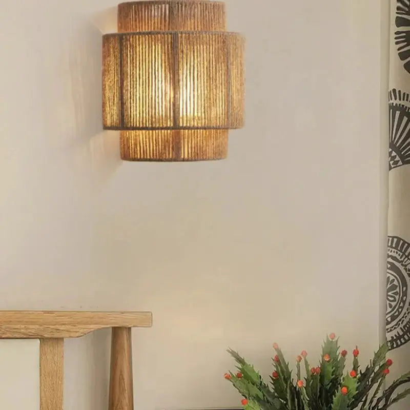 Simples Market retro rattan wall lamp shade with LED E27, hemp rope decor