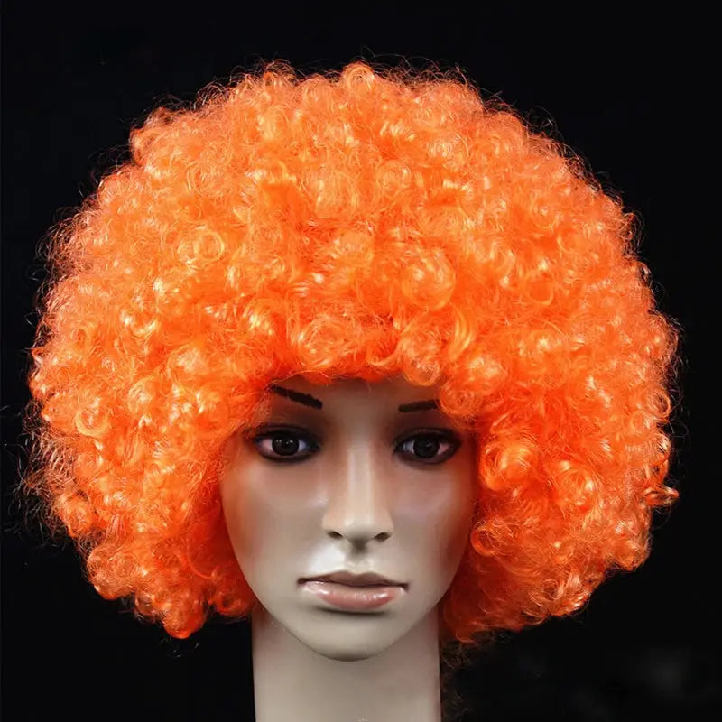 Women’s orange curly cosplay wig, short afro-style synthetic hair for daily wear and parties.