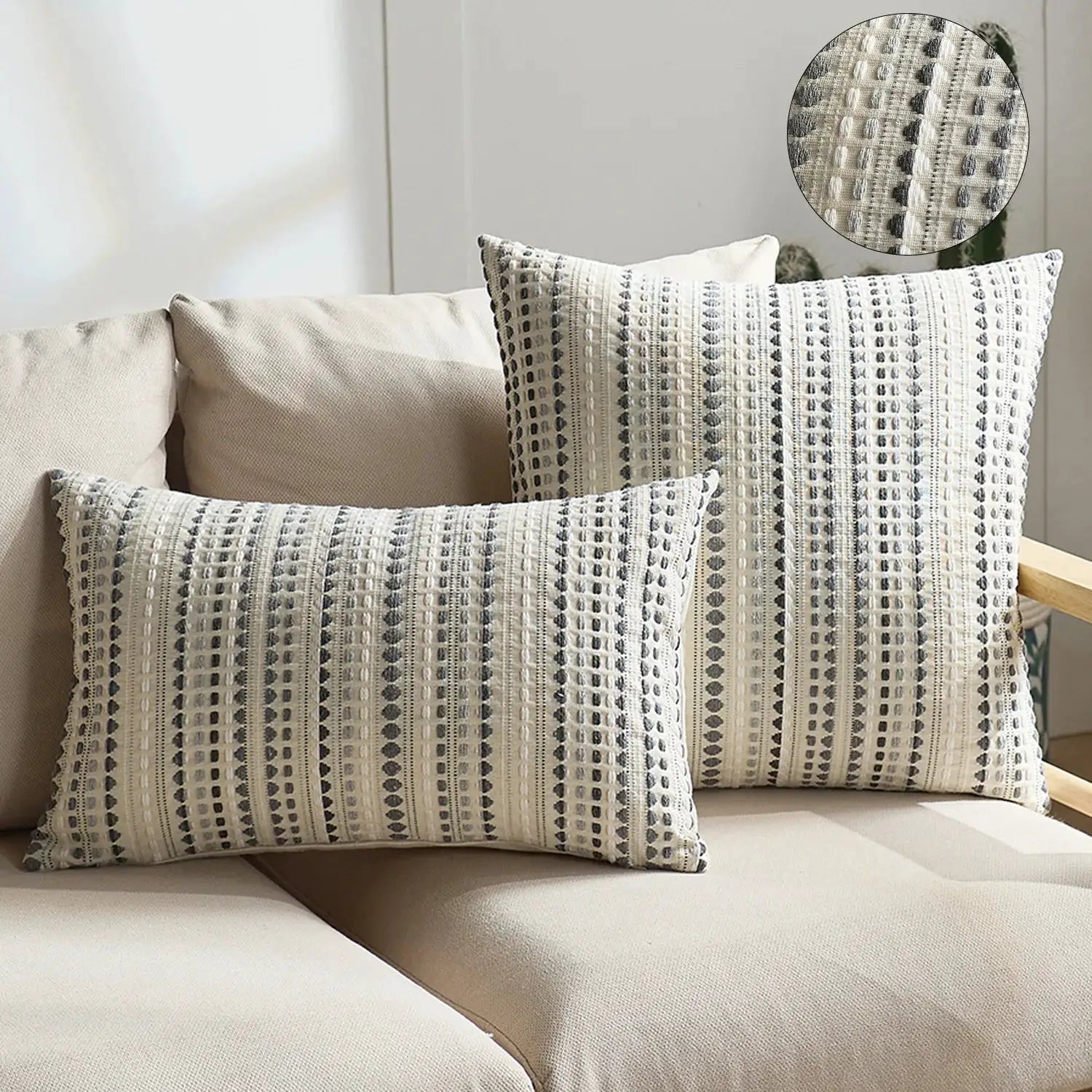Boho Dots Jacquard Cushion Covers 45x45cm, zipper closure; Simples Market set of 3 in ivory grey and blue.