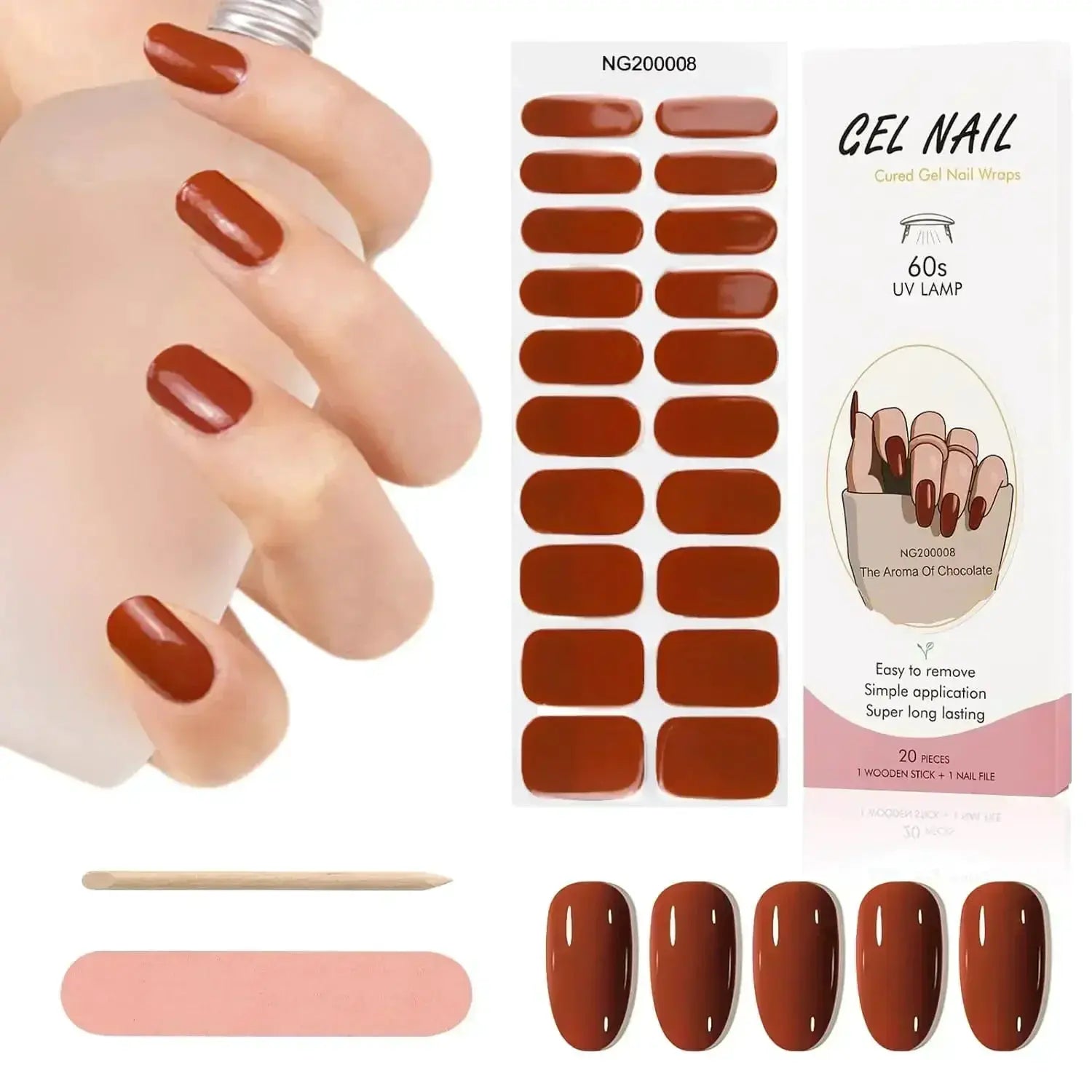 Gel nail wraps set by Simples Market; red-brown full-cover stickers for DIY manicure, UV lamp compatible.