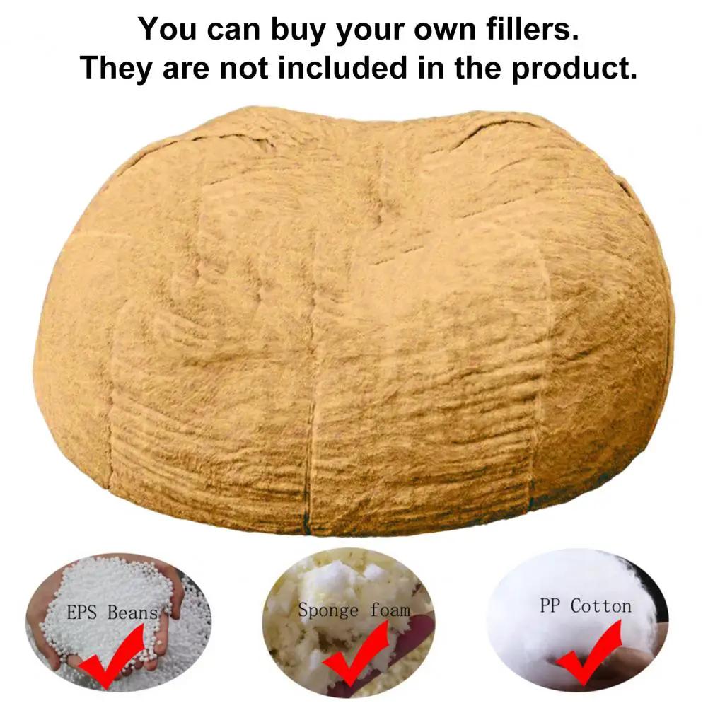 Giant tan bean bag sofa bed pouf with no filling included; filler options shown (EPS beads, sponge foam, PP cotton).