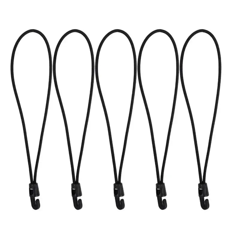 Six black bungee cords with hooks, elastic expander straps for camping tarps