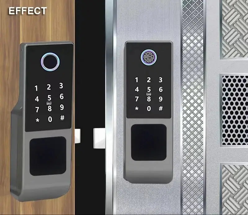 Tuya WiFi double-sided fingerprint door lock with keypad and RFID, gray metal finish, 2 units for outdoor gates