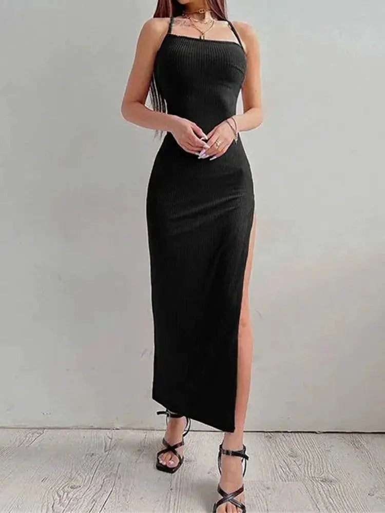 Noir Elegance Black Halter Neck Long Bodycon Dress With High Split Sleeveless Backless For Summer