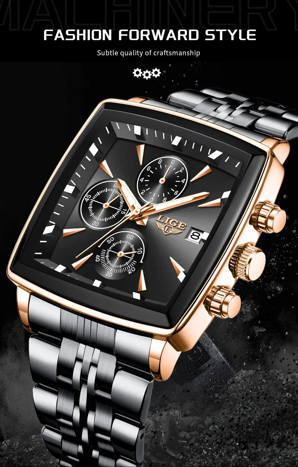 LIGE men's luxury square-dial watch with rose-gold case, stainless steel bracelet, black dial, chronograph